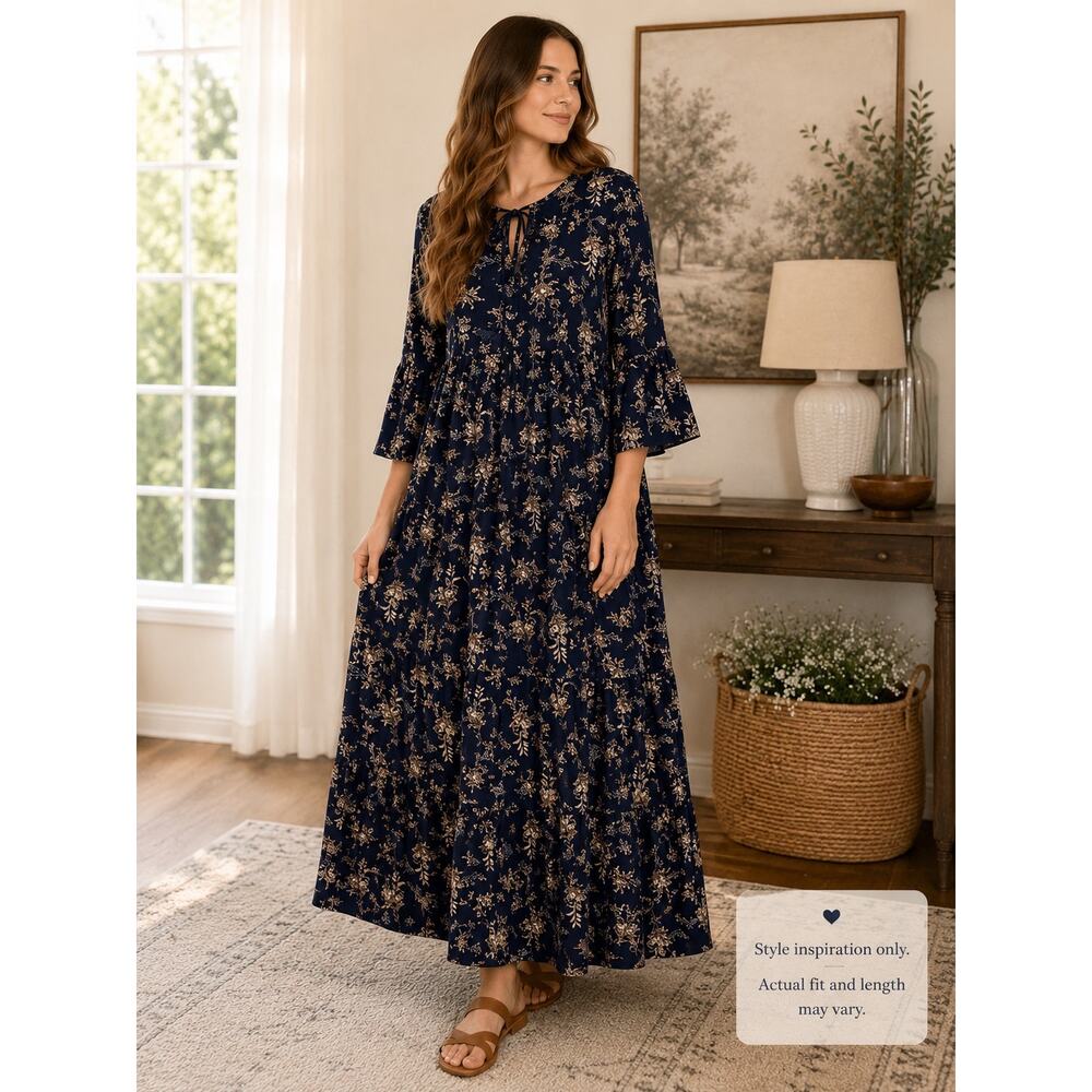 VIISHOW Women Medium Navy Floral Tiered Maxi Dress Boho Oversized Bell Sleeve